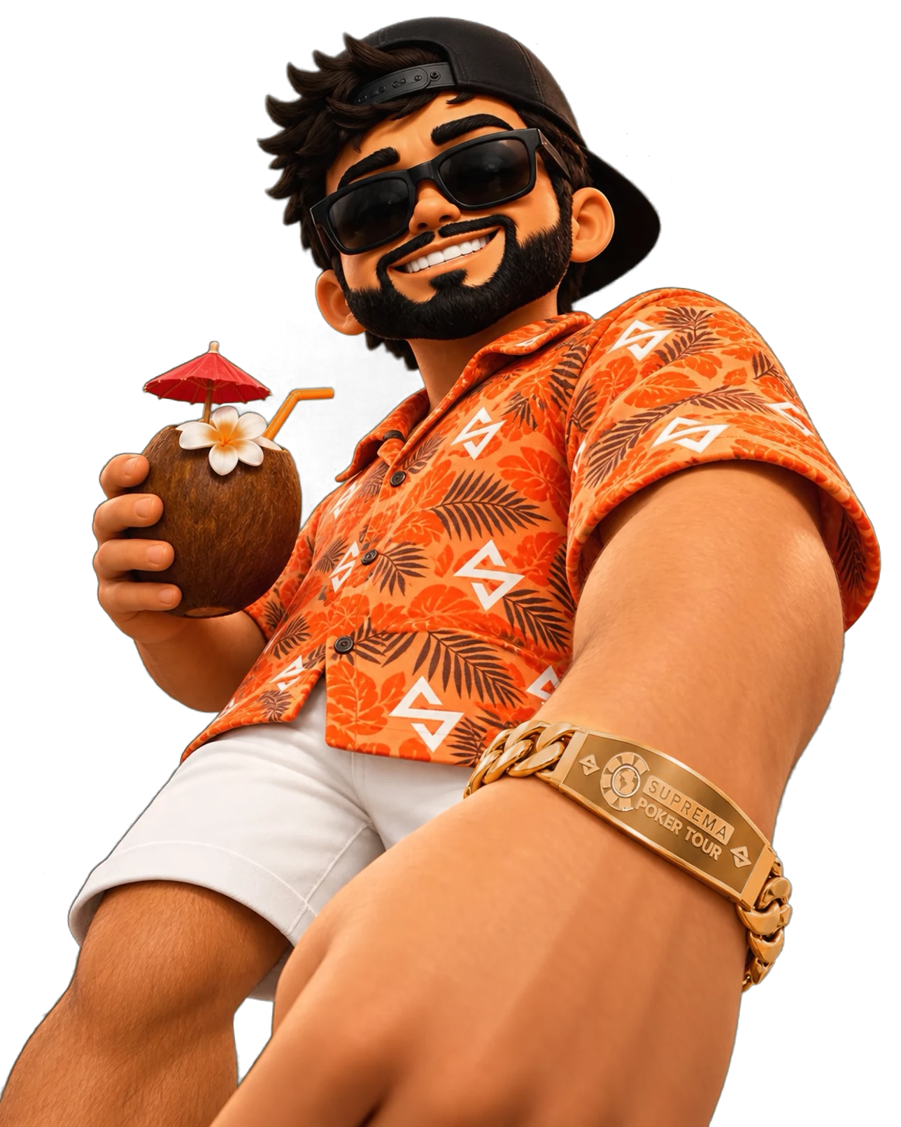 Personagem do Suprema Poker Tour com o bracelete dourado no pulso